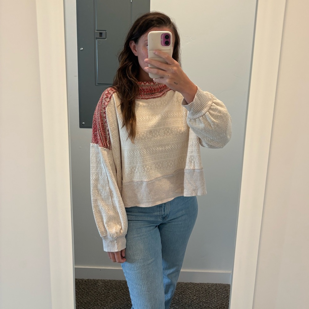 We The Free Red and Cream Turtleneck Knit Top